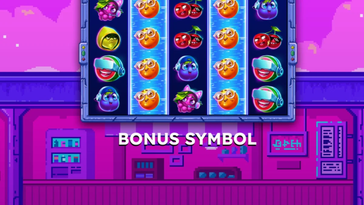 Tampilan visual retro arcade dari slot Frooty Troupe Game On