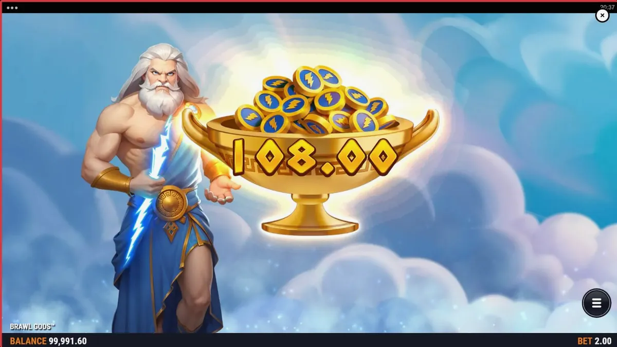 Tampilan visual slot Brawl Gods dengan desain split-screen yang menampilkan Zeus dan Hades