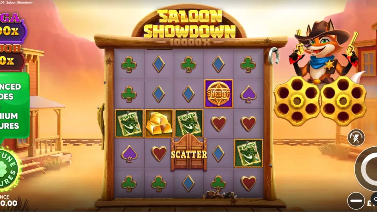 Tampilan visual slot Saloon Showdown 10,000x dengan karakter sheriff rubah