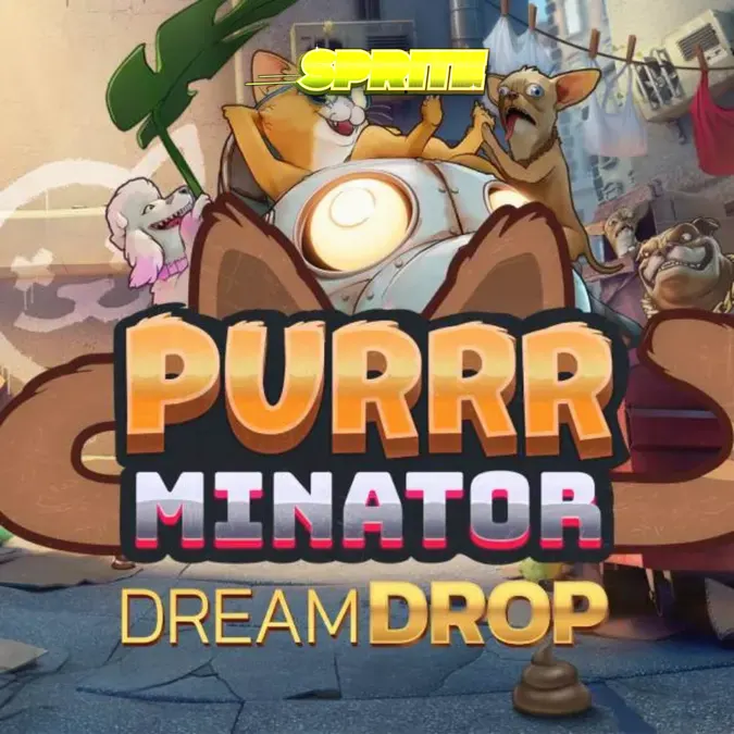 Karakter kucing detektif dalam latar dystopian futuristik pada slot Purrrminator Dream Drop